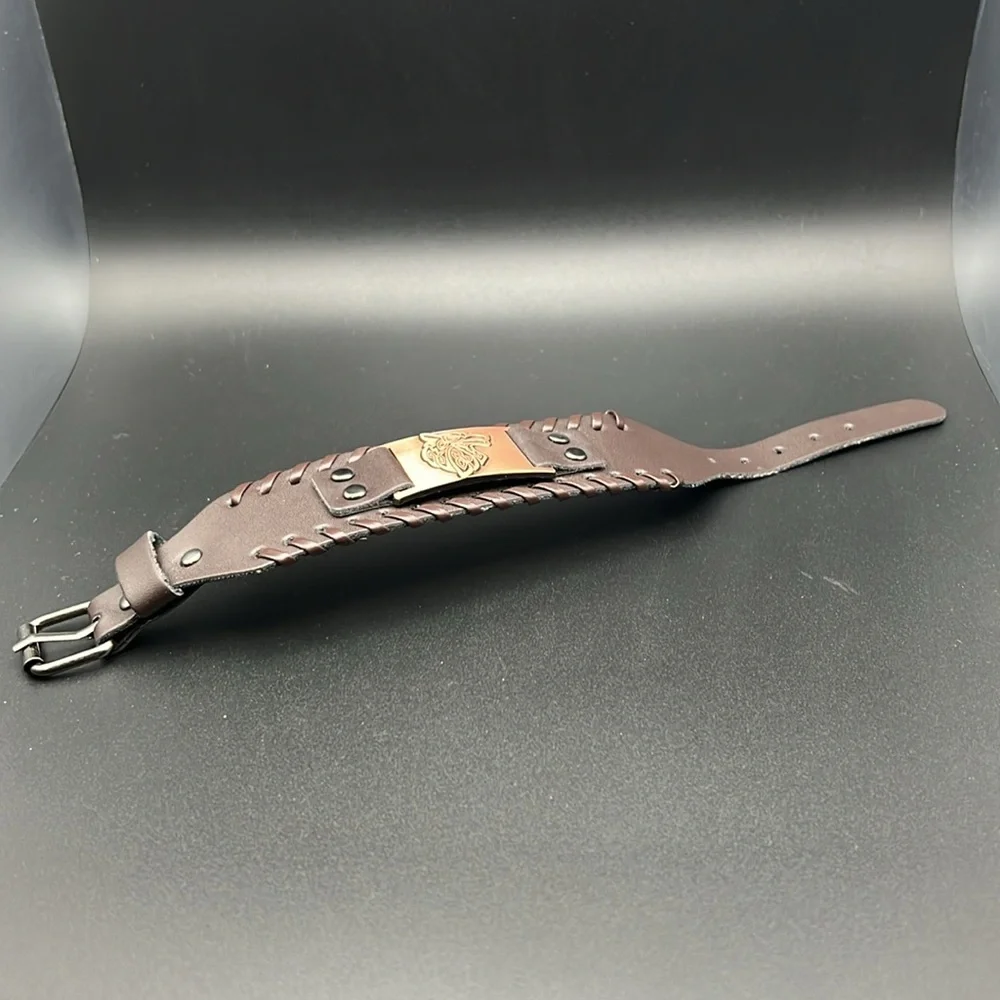PRICE IS FIRM - Handmade Bronze Wolf Faux Leather Bracelet - Picture 6 of 7